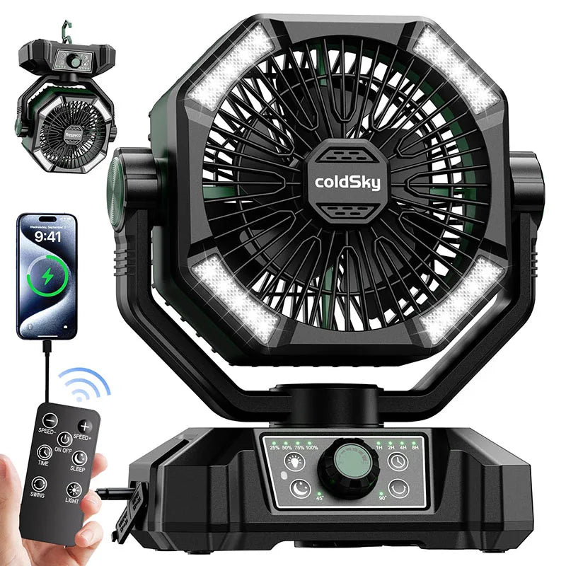 Ventilador de Camping Portátil con Batería de 20,000 mAh, Lámpara LED de 4 Modos y 8 Velocidades: Ventilador de Escritorio para Exteriores, Tiendas de Campaña y Pesca