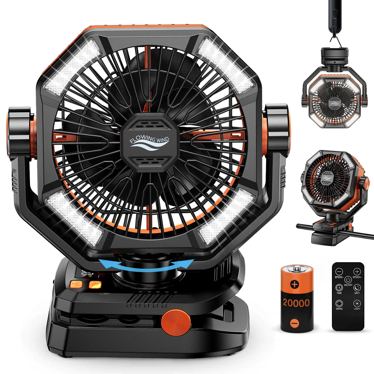 Ventilador de Camping Portátil con Batería de 20,000 mAh, Lámpara LED de 4 Modos y 8 Velocidades: Ventilador de Escritorio para Exteriores, Tiendas de Campaña y Pesca