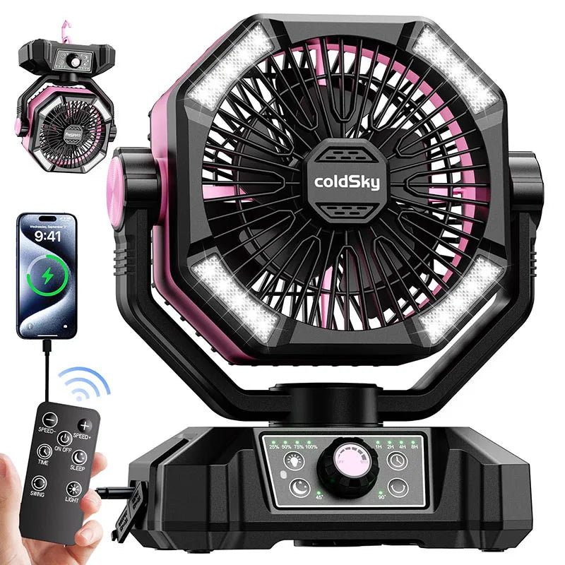 Ventilador de Camping Portátil con Batería de 20,000 mAh, Lámpara LED de 4 Modos y 8 Velocidades: Ventilador de Escritorio para Exteriores, Tiendas de Campaña y Pesca