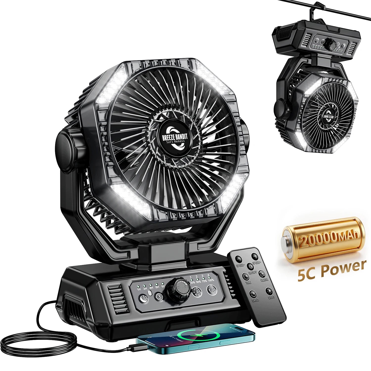 Ventilador Recargable 20,000mAh con Luz LED, Control Remoto y Power Bank – Ideal para Apagones y Exteriores