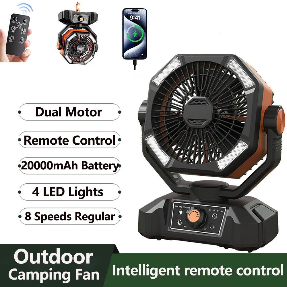 Ventilador de Camping Portátil con Batería de 20,000 mAh, Lámpara LED de 4 Modos y 8 Velocidades: Ventilador de Escritorio para Exteriores, Tiendas de Campaña y Pesca