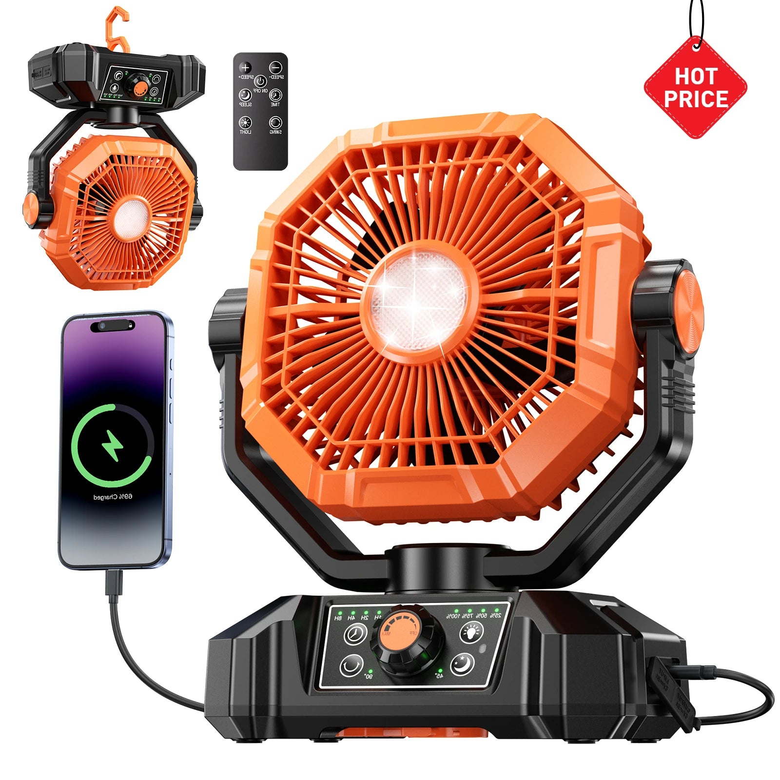 Ventilador Recargable 20,000mAh con Luz LED, Control Remoto y Power Bank – Ideal para Apagones y Exteriores