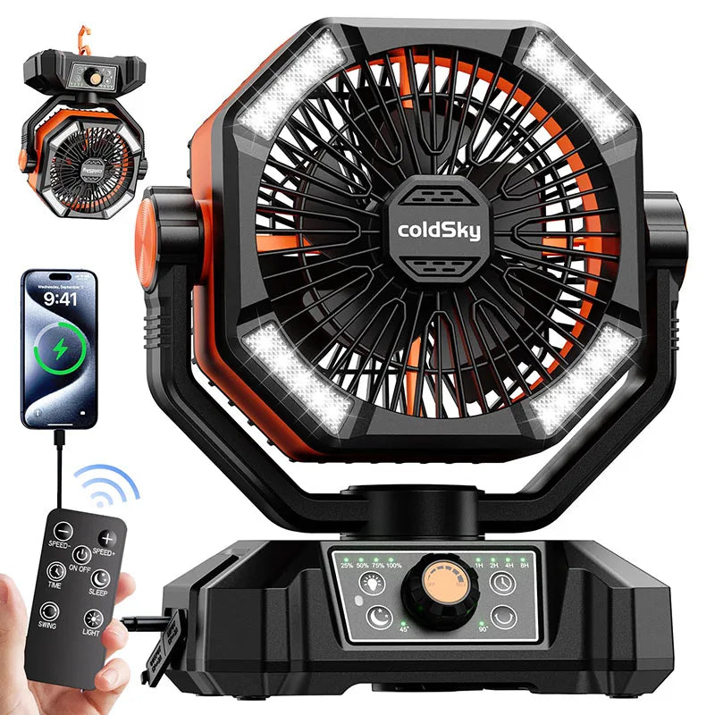 Ventilador de Camping Portátil con Batería de 20,000 mAh, Lámpara LED de 4 Modos y 8 Velocidades: Ventilador de Escritorio para Exteriores, Tiendas de Campaña y Pesca