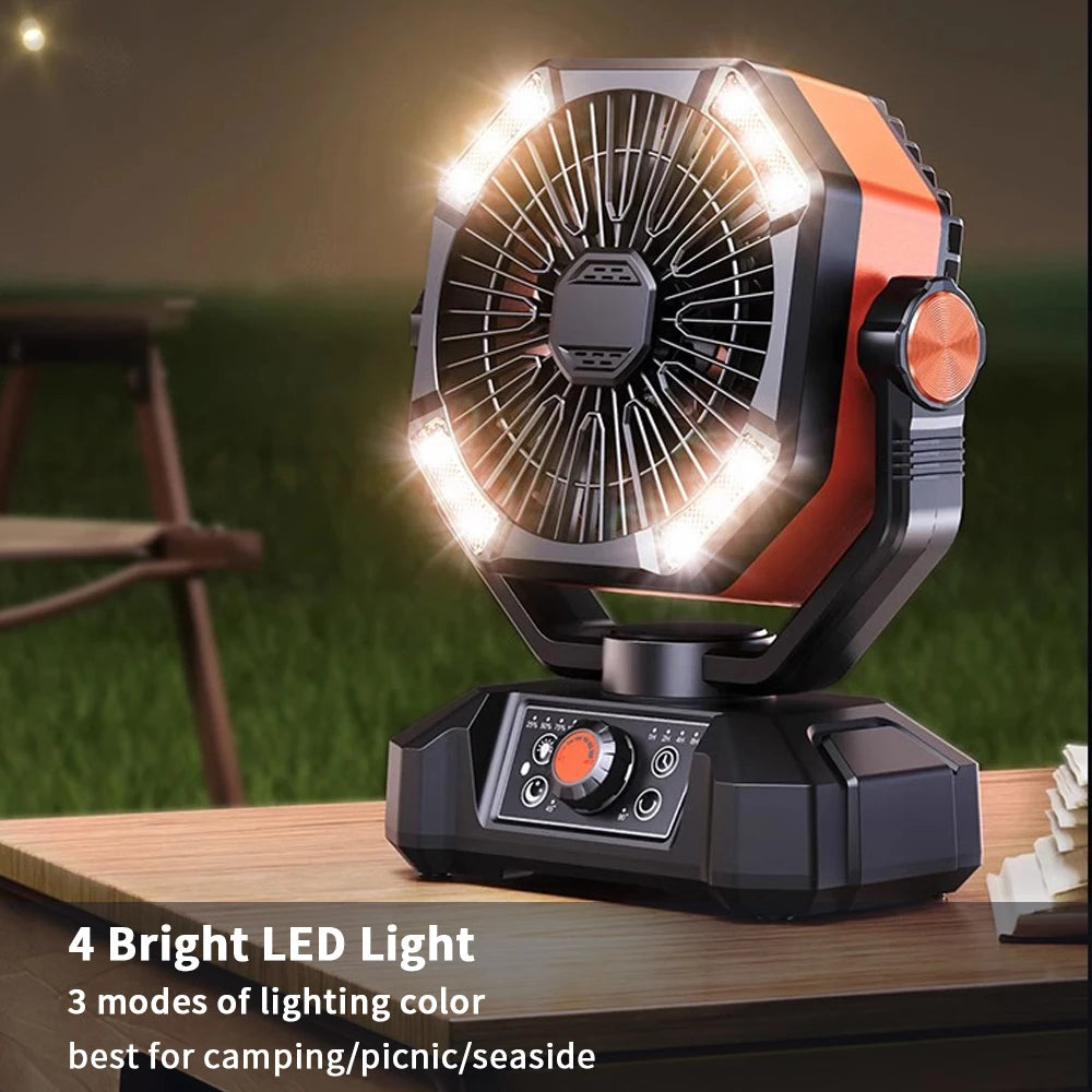 Ventilador de Camping Portátil con Batería de 20,000 mAh, Lámpara LED de 4 Modos y 8 Velocidades: Ventilador de Escritorio para Exteriores, Tiendas de Campaña y Pesca