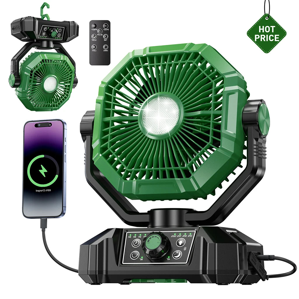 Ventilador Recargable 20,000mAh con Luz LED, Control Remoto y Power Bank – Ideal para Apagones y Exteriores