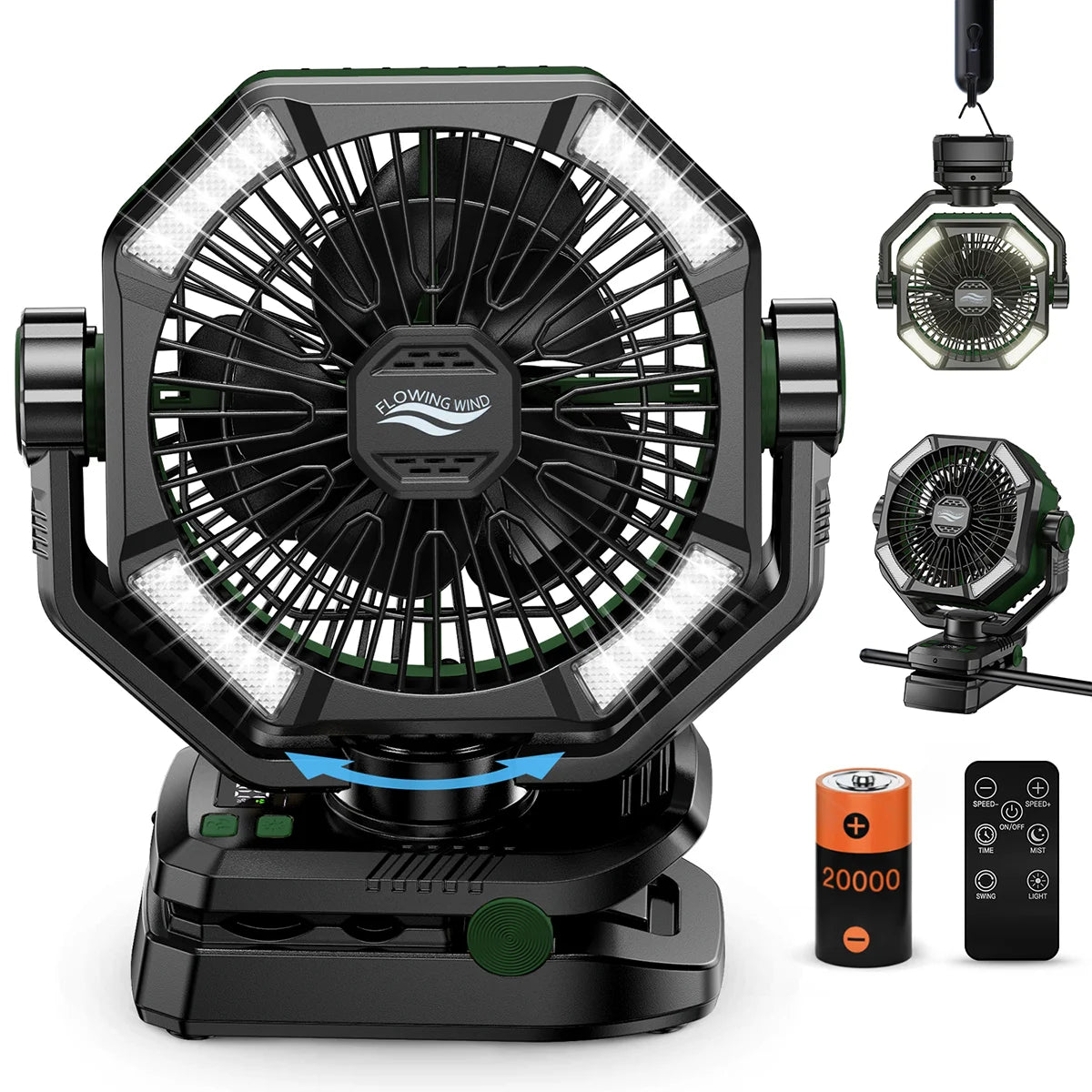 Ventilador de Camping Portátil con Batería de 20,000 mAh, Lámpara LED de 4 Modos y 8 Velocidades: Ventilador de Escritorio para Exteriores, Tiendas de Campaña y Pesca