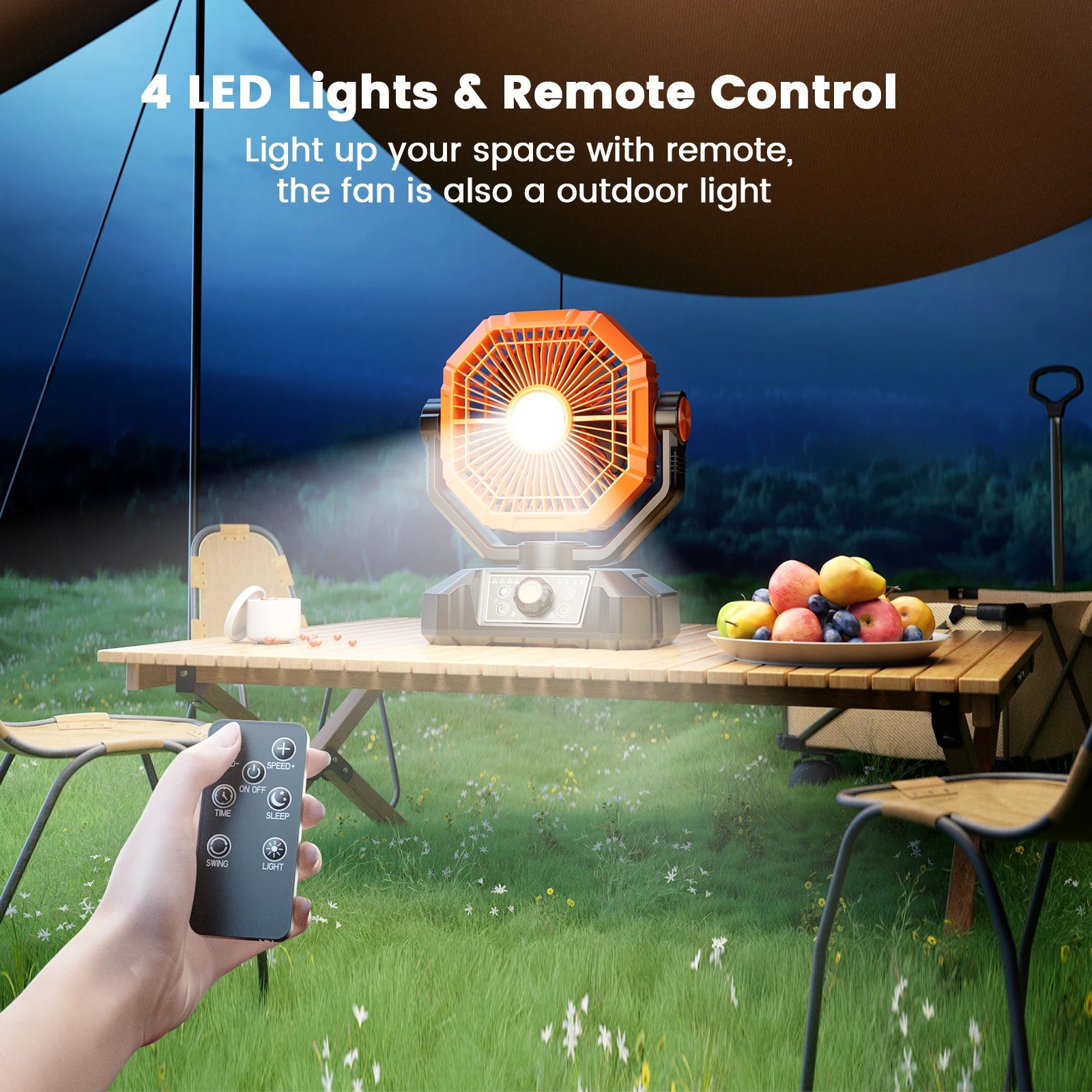 Ventilador Recargable 20,000mAh con Luz LED, Control Remoto y Power Bank – Ideal para Apagones y Exteriores