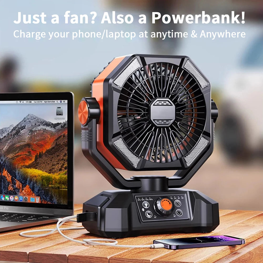 Ventilador de Camping Portátil con Batería de 20,000 mAh, Lámpara LED de 4 Modos y 8 Velocidades: Ventilador de Escritorio para Exteriores, Tiendas de Campaña y Pesca